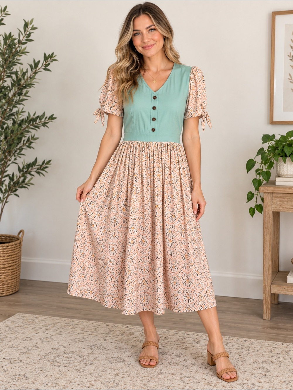 Mint & Blush Floral Midi Dress with Button Bodice and Puff Sleeves